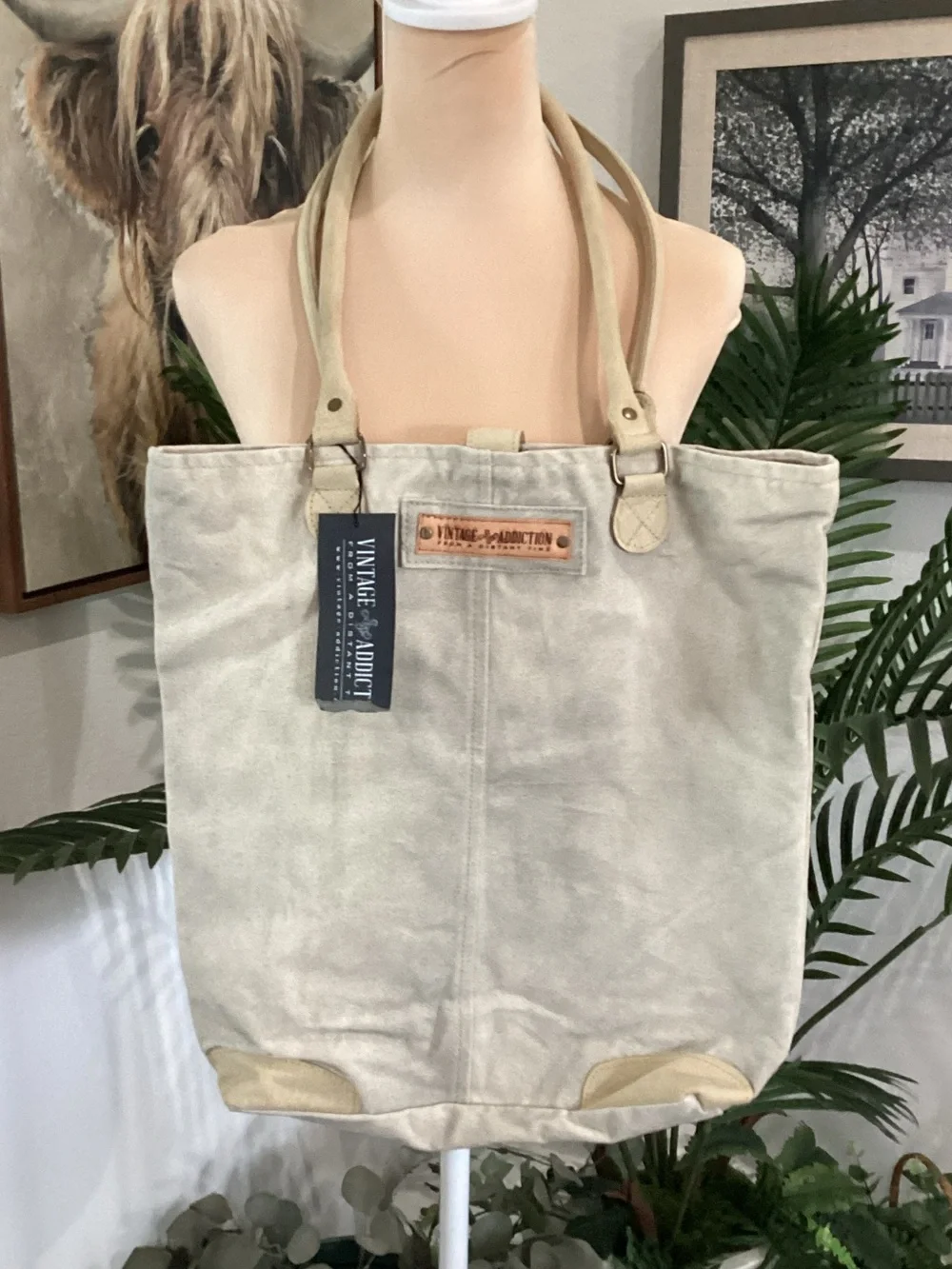 Neutral Beige Canvas Tote with Star Accent